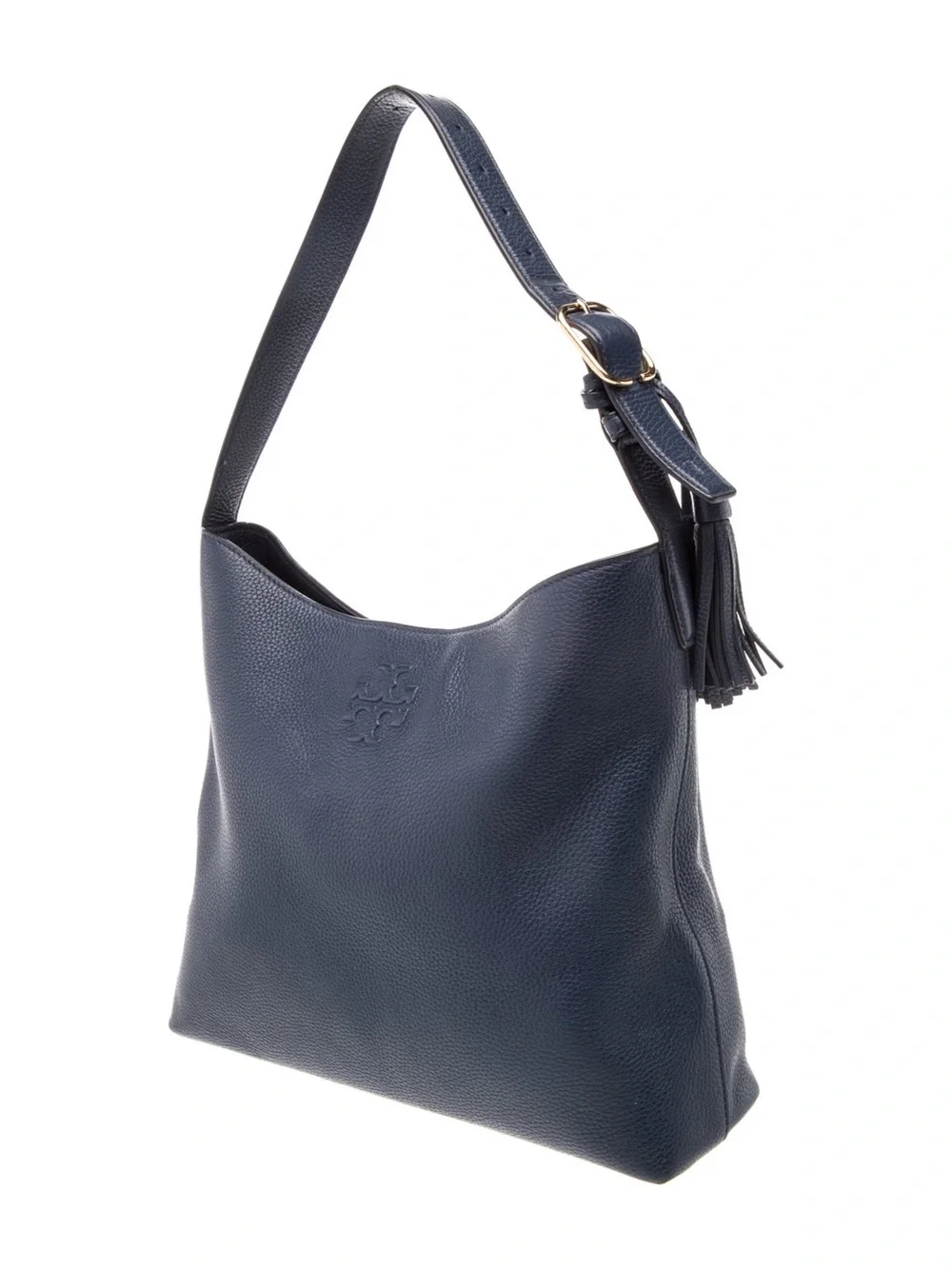Tory Burch Navy Pebbled Leather Shoulder Hobo with Tassel